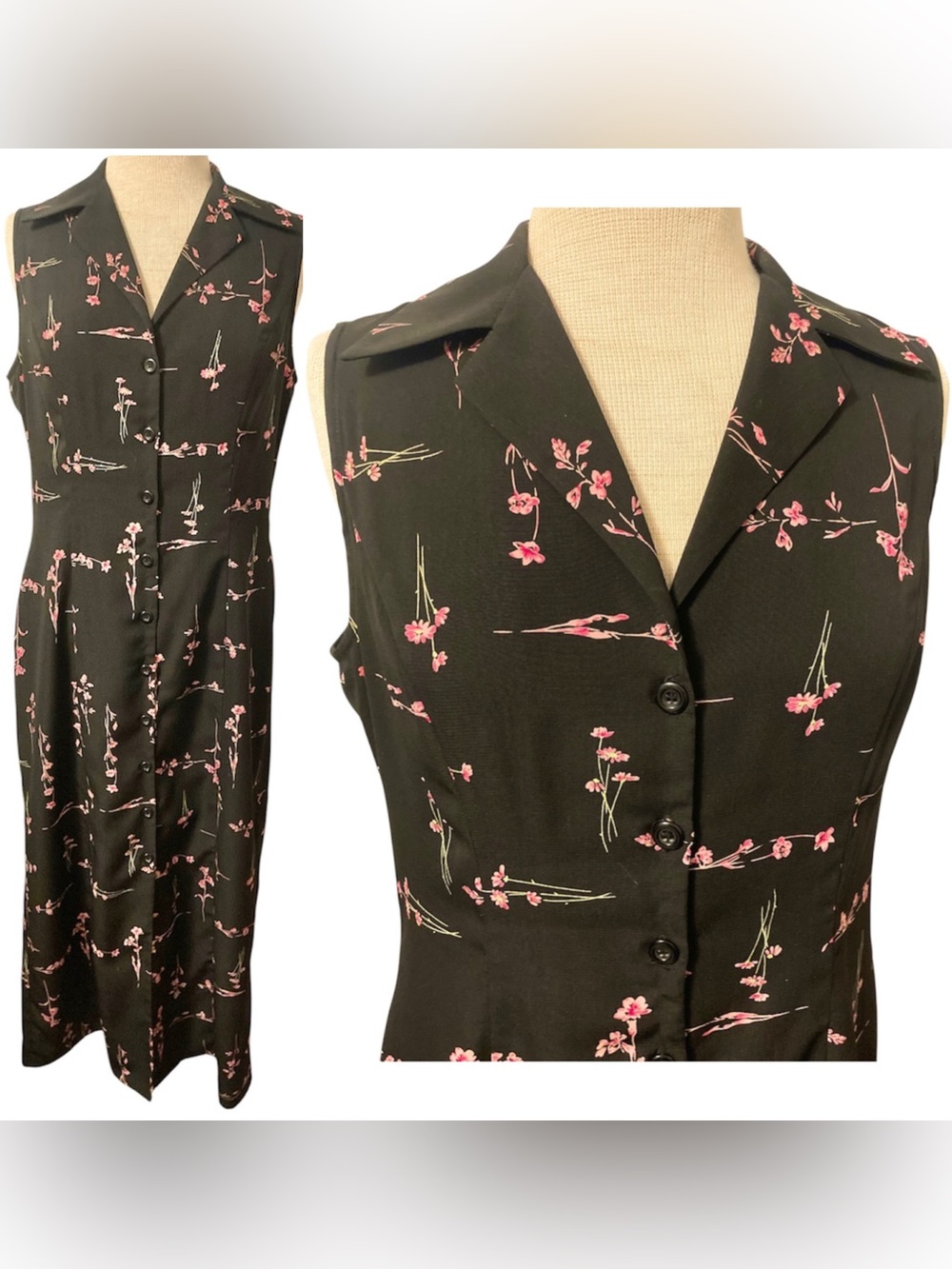 Vintage 90’s Y2K Black Pink Flower Floral Button Up Maxi Sheath Dress Sleeveless